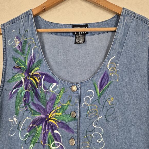 VTG PTNY Denim Jean Midi Dress Jumper XL Blue Cotton Sleeveless Painted Design - Picture 8 of 16